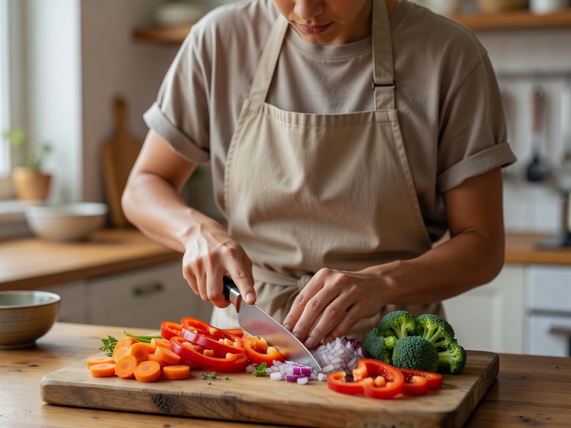 Beginner cook chopping vegetables carefully on a cutting board
