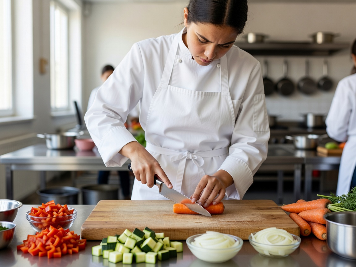 Beginner cooking student learning knife skills beside prepared vegetables