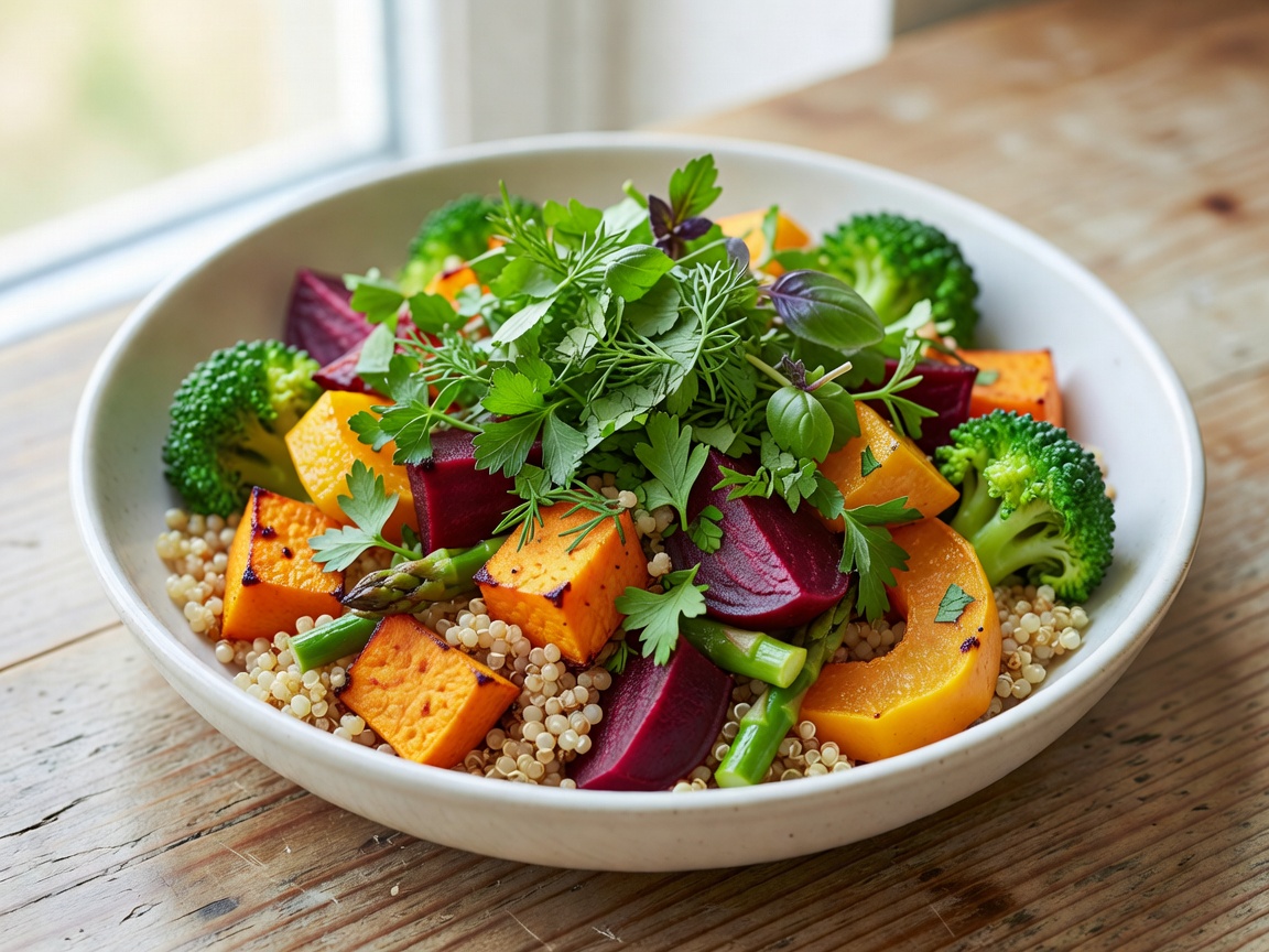Bright vegetarian bowl with roasted vegetables grains and fresh herbs