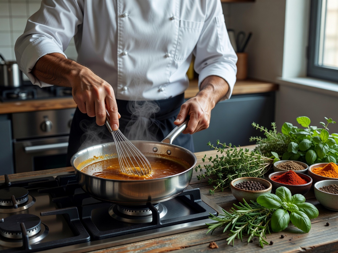 Chef whisking a glossy pan sauce with herbs and spices arranged beside the stove