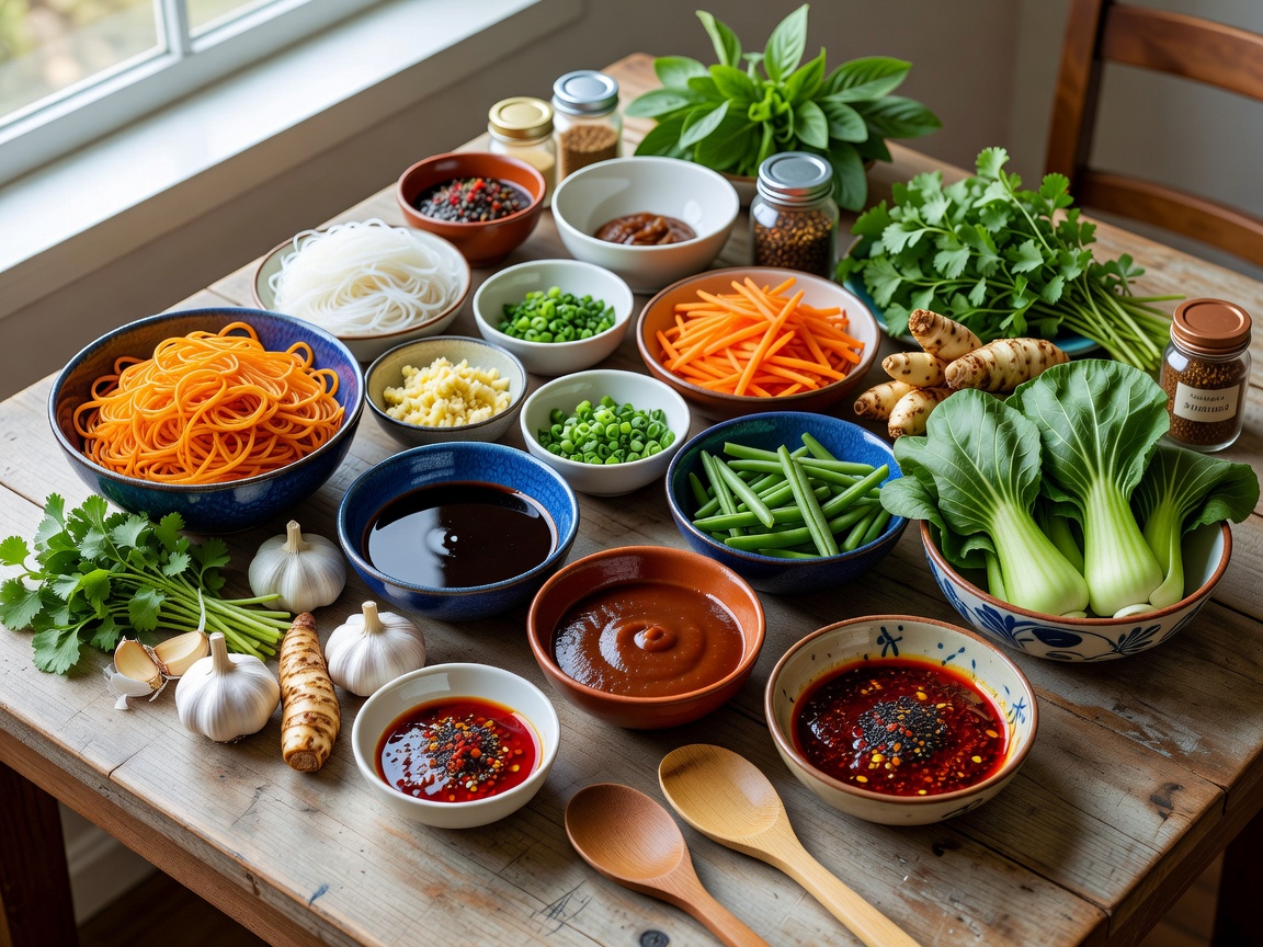 Colourful Asian-inspired ingredients bowls sauces and aromatics for cooking class