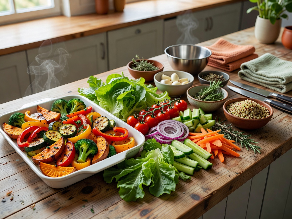 Colourful roasted vegetables and fresh salad ingredients for vegetarian cooking class