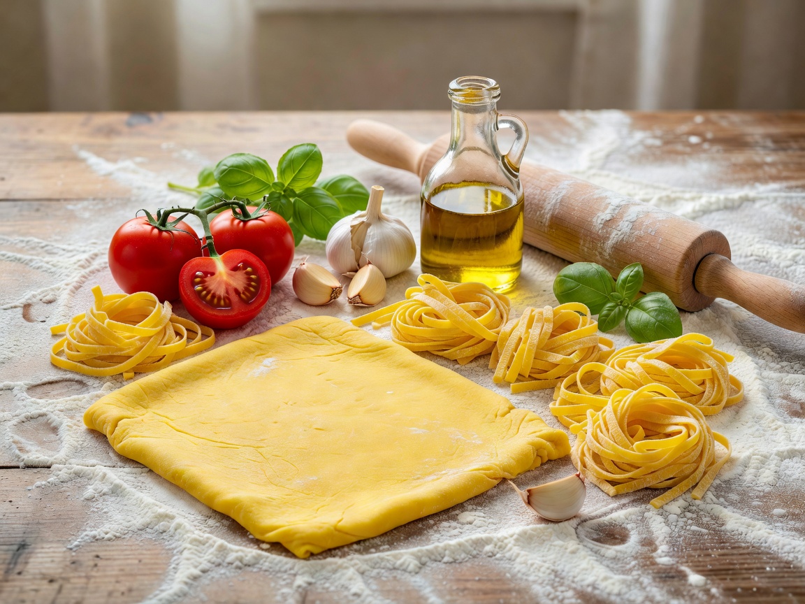 Fresh pasta dough and Italian cooking ingredients on a floured surface