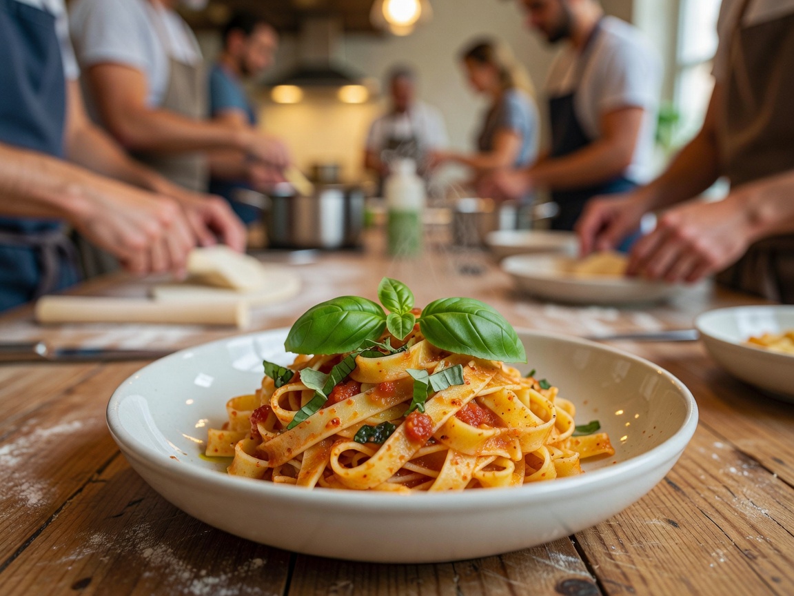 Fresh tagliatelle pasta with tomato sauce and basil prepared in a cooking class