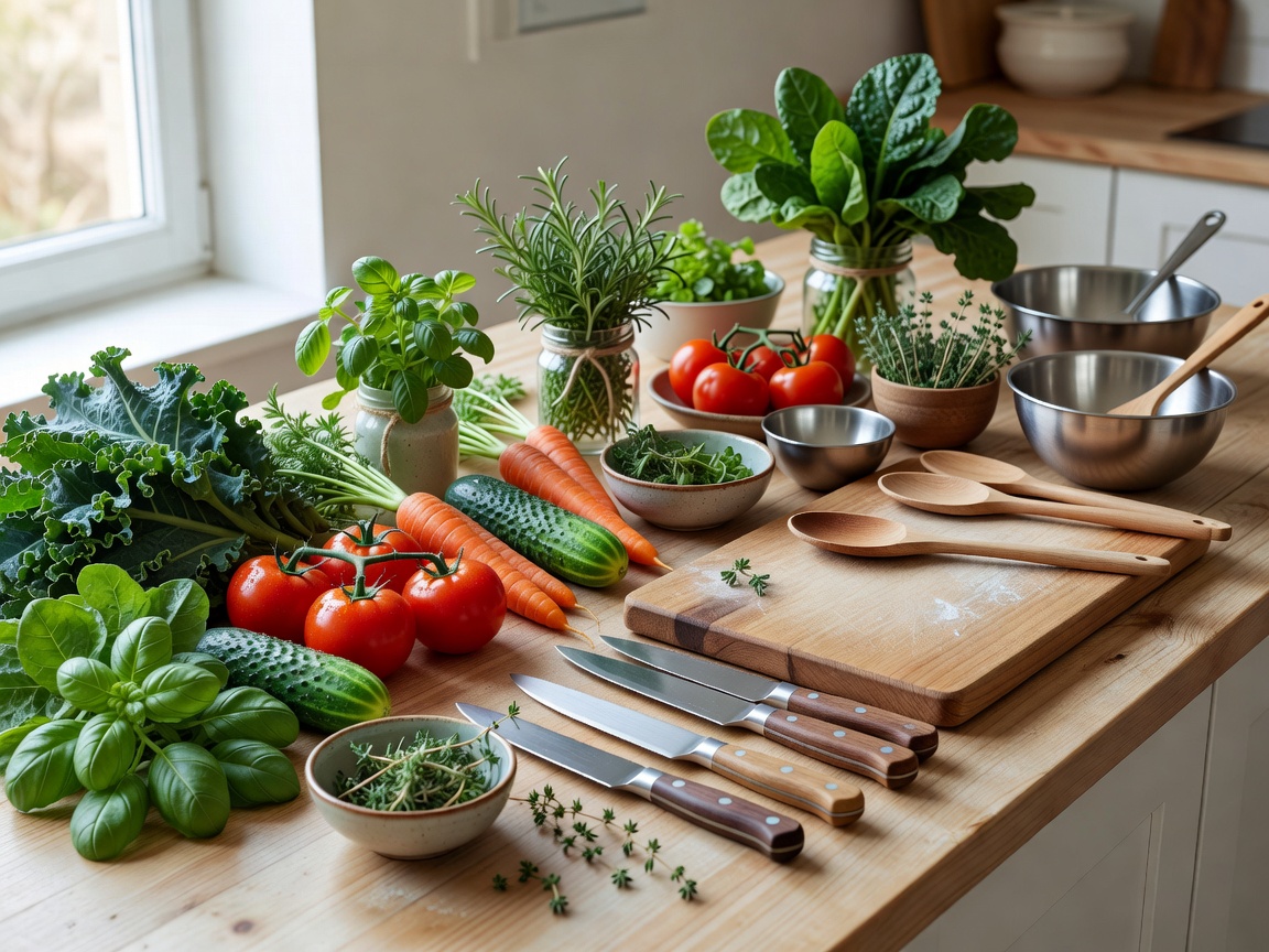 Fresh vegetables herbs and cooking tools arranged for a hands-on culinary lesson