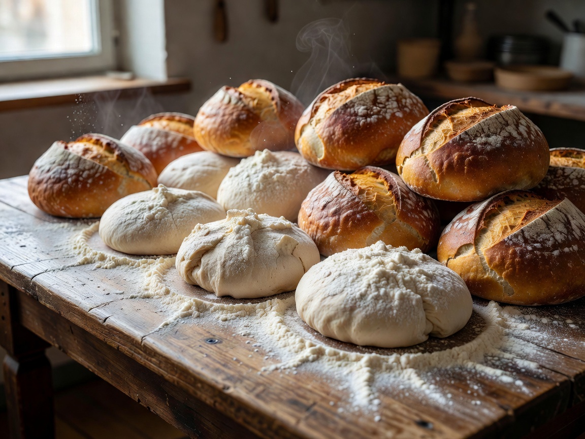 Freshly baked bread loaves and flour-dusted dough on a bakery-style wooden table