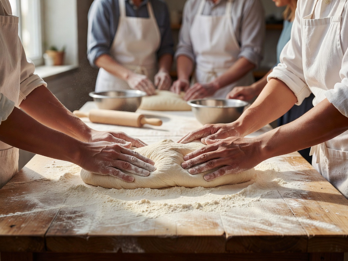 Hands kneading bread dough during a baking fundamentals lesson