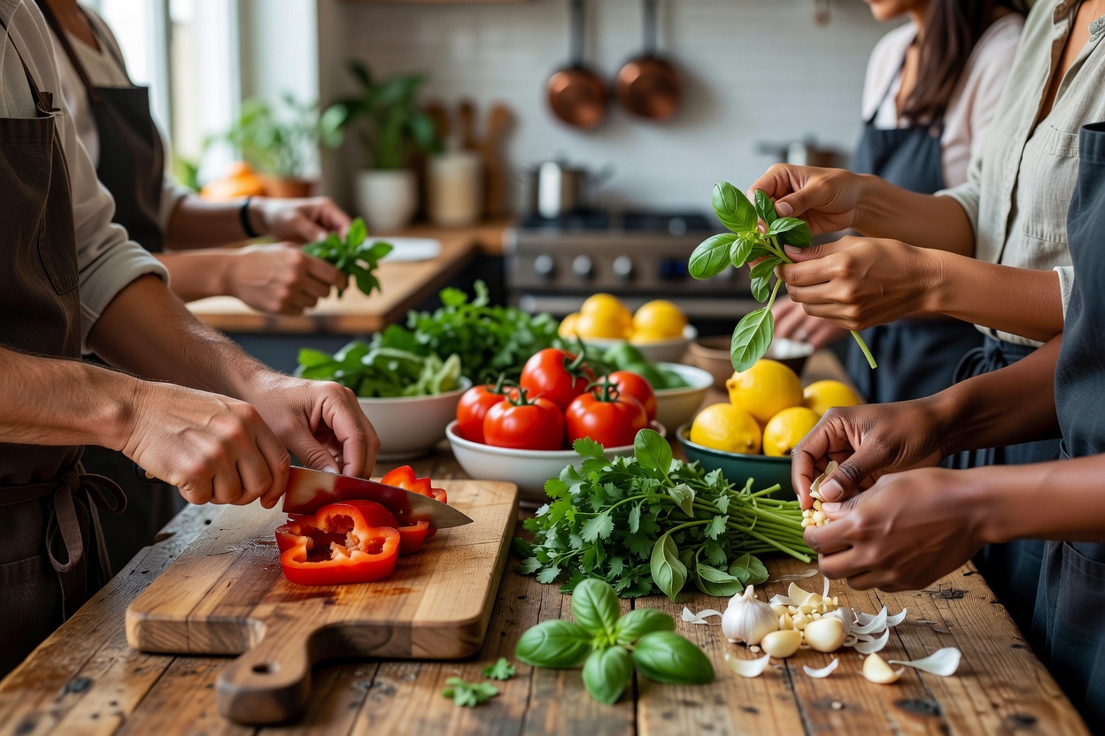 Hands preparing fresh ingredients on a wooden kitchen counter during a cooking class