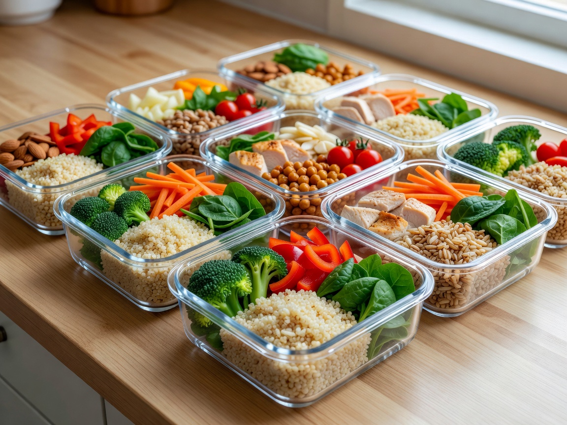Meal preparation containers with organised grains vegetables and portioned ingredients