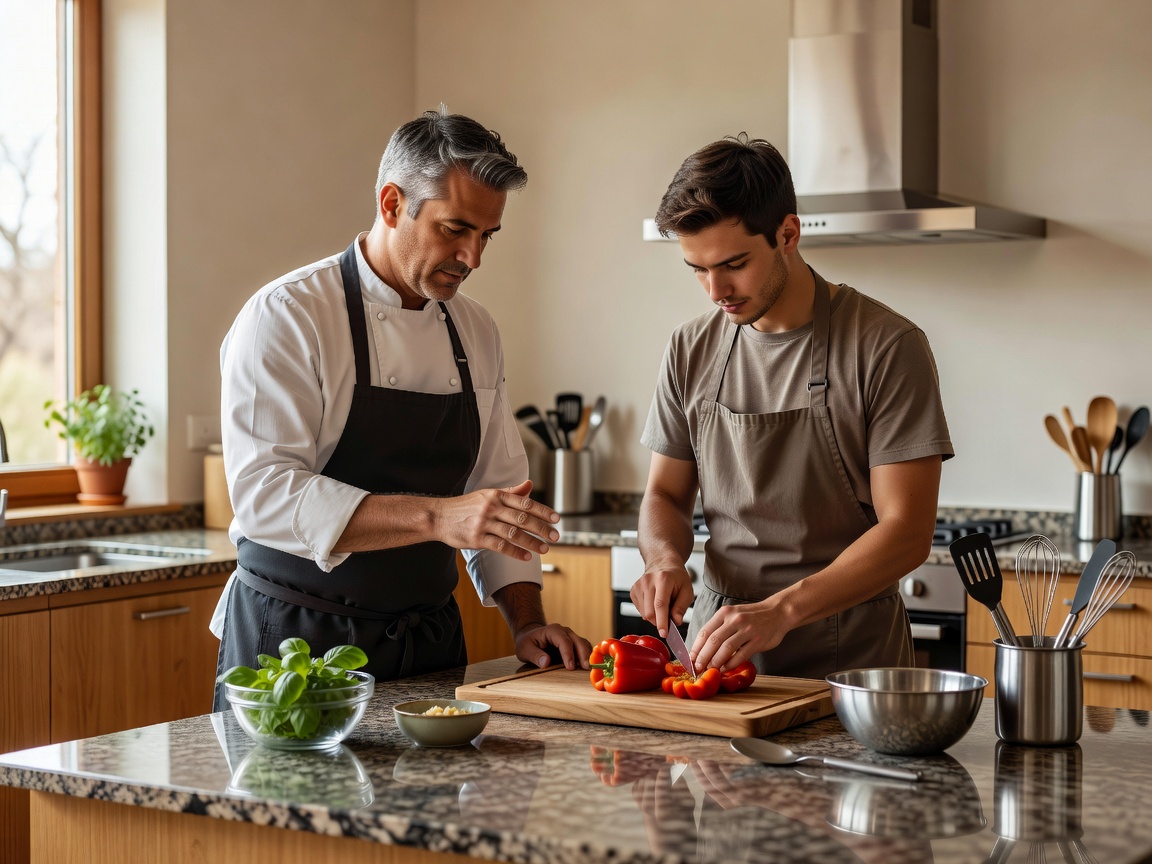 One-to-one private cooking lesson setting with instructor and learner at a kitchen island