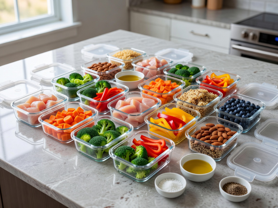 Organised meal preparation ingredients portioned in containers on a kitchen counter