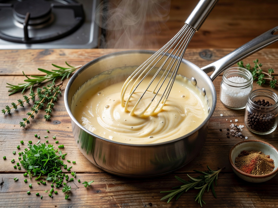 Sauce being whisked in a saucepan with herbs and seasoning nearby