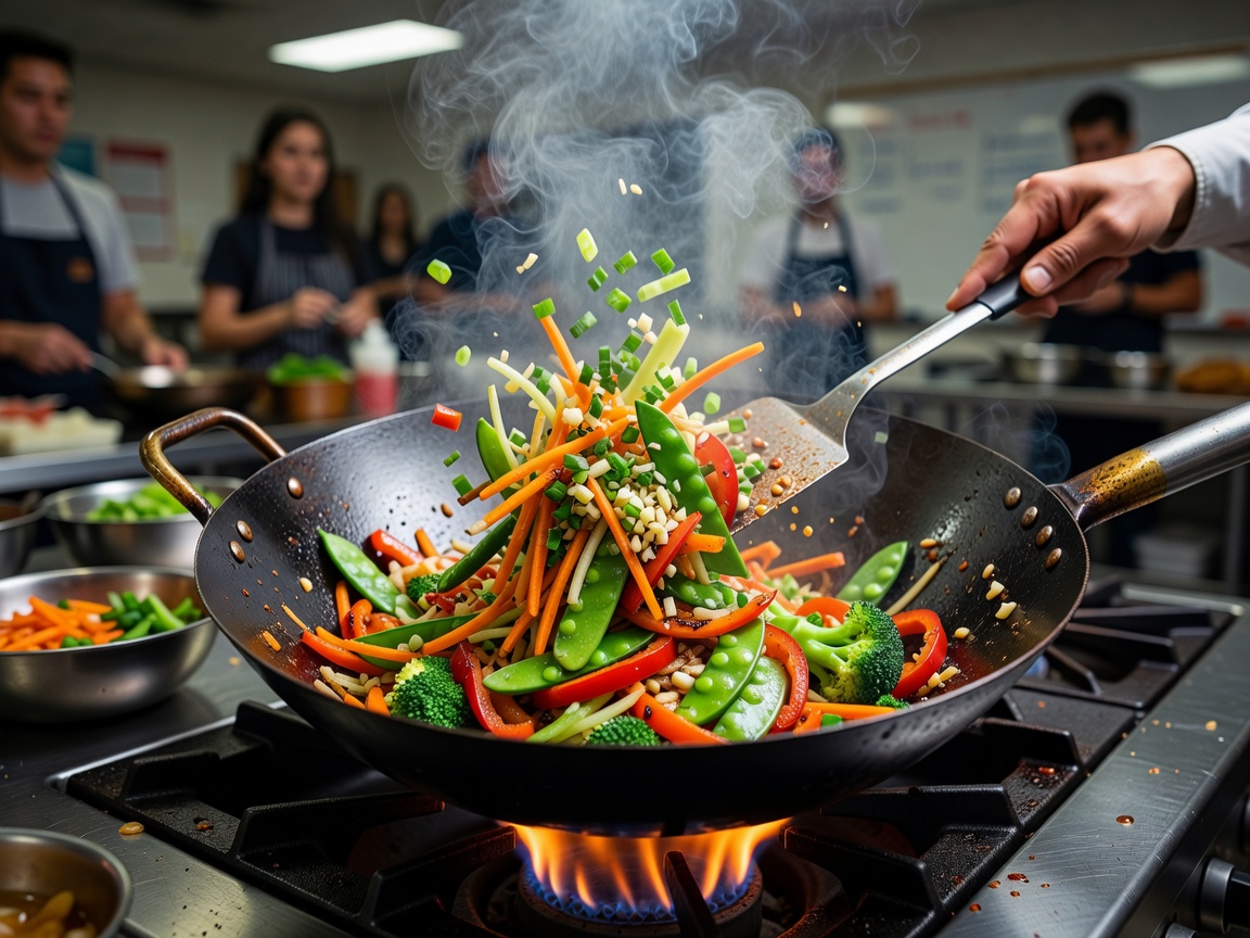 Stir-fry vegetables and aromatics cooking rapidly in a hot pan during class